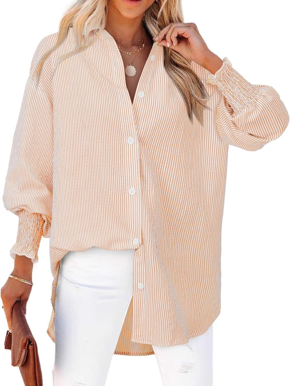 Orange and White Oversized Button-Up Blouse